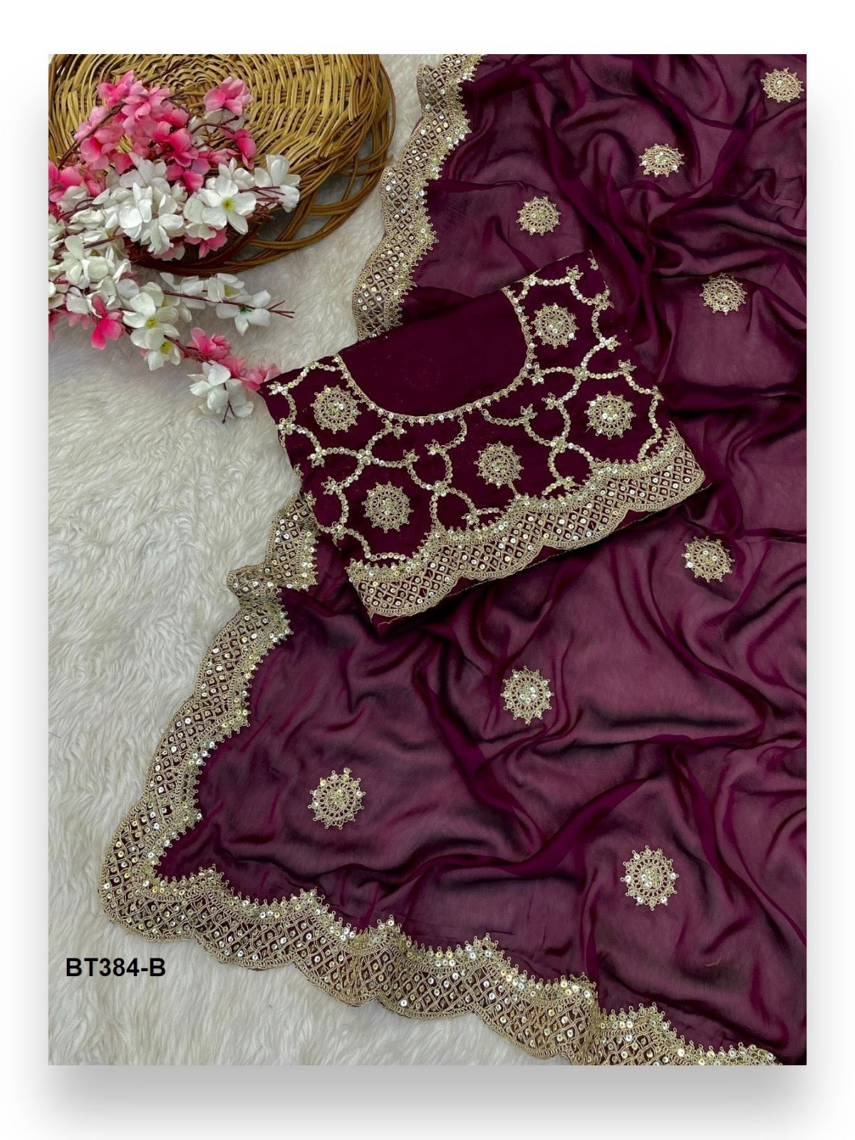 Elegant Embroidery Georgette Bridal Saree With Ready Blouse - BT384B