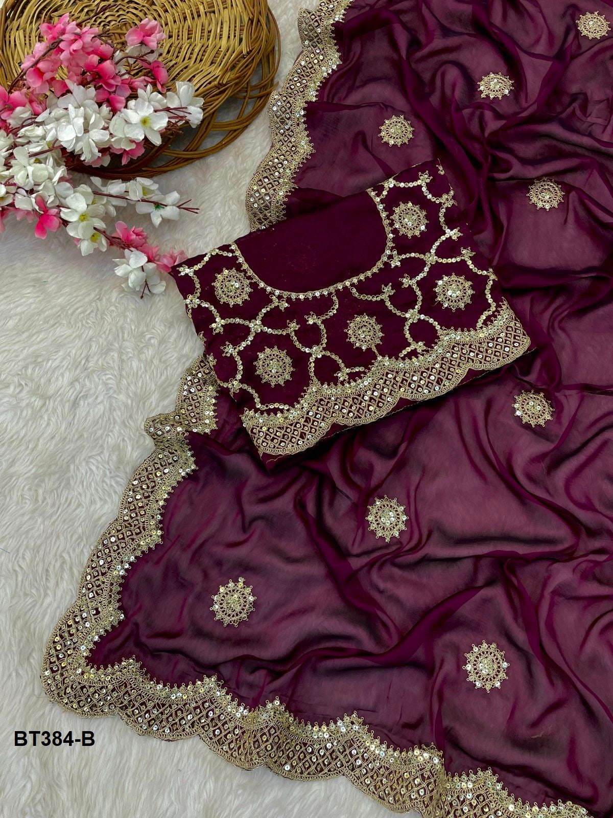 Elegant Embroidery Georgette Bridal Saree With Ready Blouse - BT384B