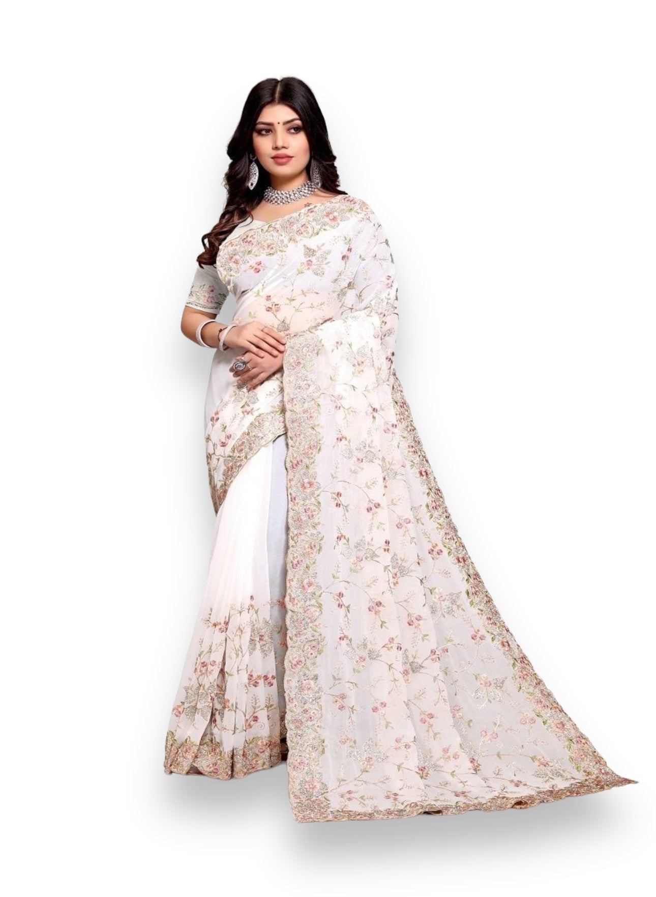 Elegant White Georgette Party Wear Saree with Heavy Resham & Jari Embroidery and Ready Blouse