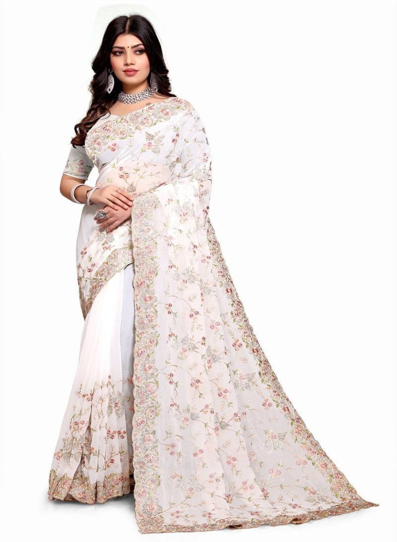 Elegant White Georgette Party Wear Saree with Heavy Resham & Jari Embroidery and Ready Blouse