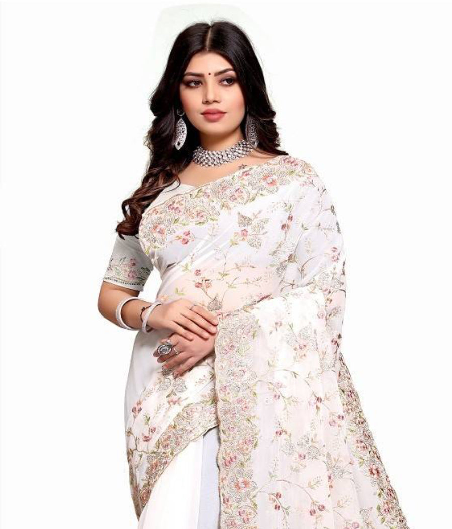 Elegant White Georgette Party Wear Saree with Heavy Resham & Jari Embroidery and Ready Blouse