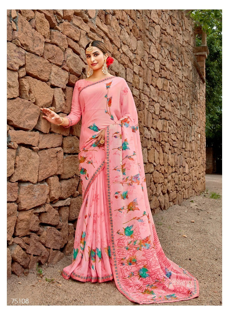 Chiffon Flower Print Saree – Vibrant Floral Design, Lightweight & Breathable Fabric- 75108