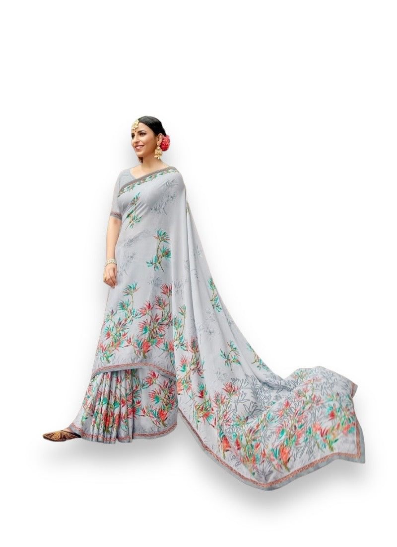 Chiffon Flower Print Saree – Vibrant Floral Design, Lightweight & Breathable Fabric- 75107