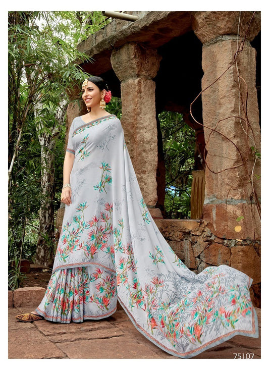 Chiffon Flower Print Saree – Vibrant Floral Design, Lightweight & Breathable Fabric- 75107