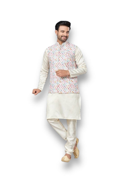 Multi And Off White Color Mens Kurta Pajama Set with Jacket- 10006