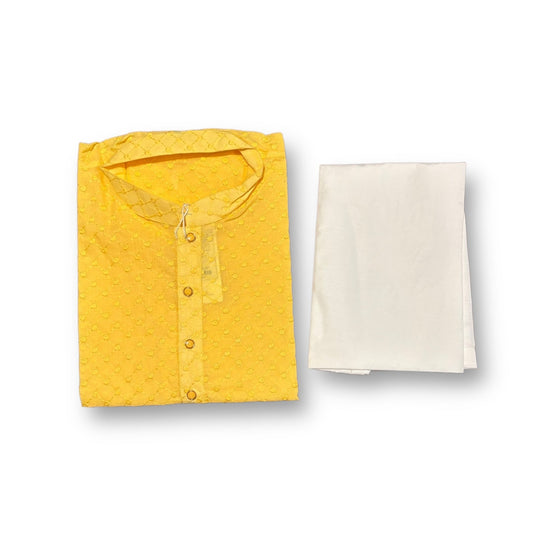 Mens Yellow Chikan Work Kurta Pajama- 6338