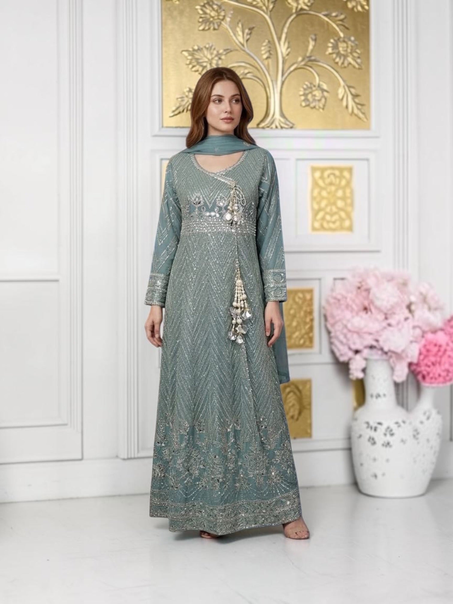 Traditional designer Salwar Kameez set with matching pant and dupatta from Saree Ghor Charlotte, elegant cultural wear for women.