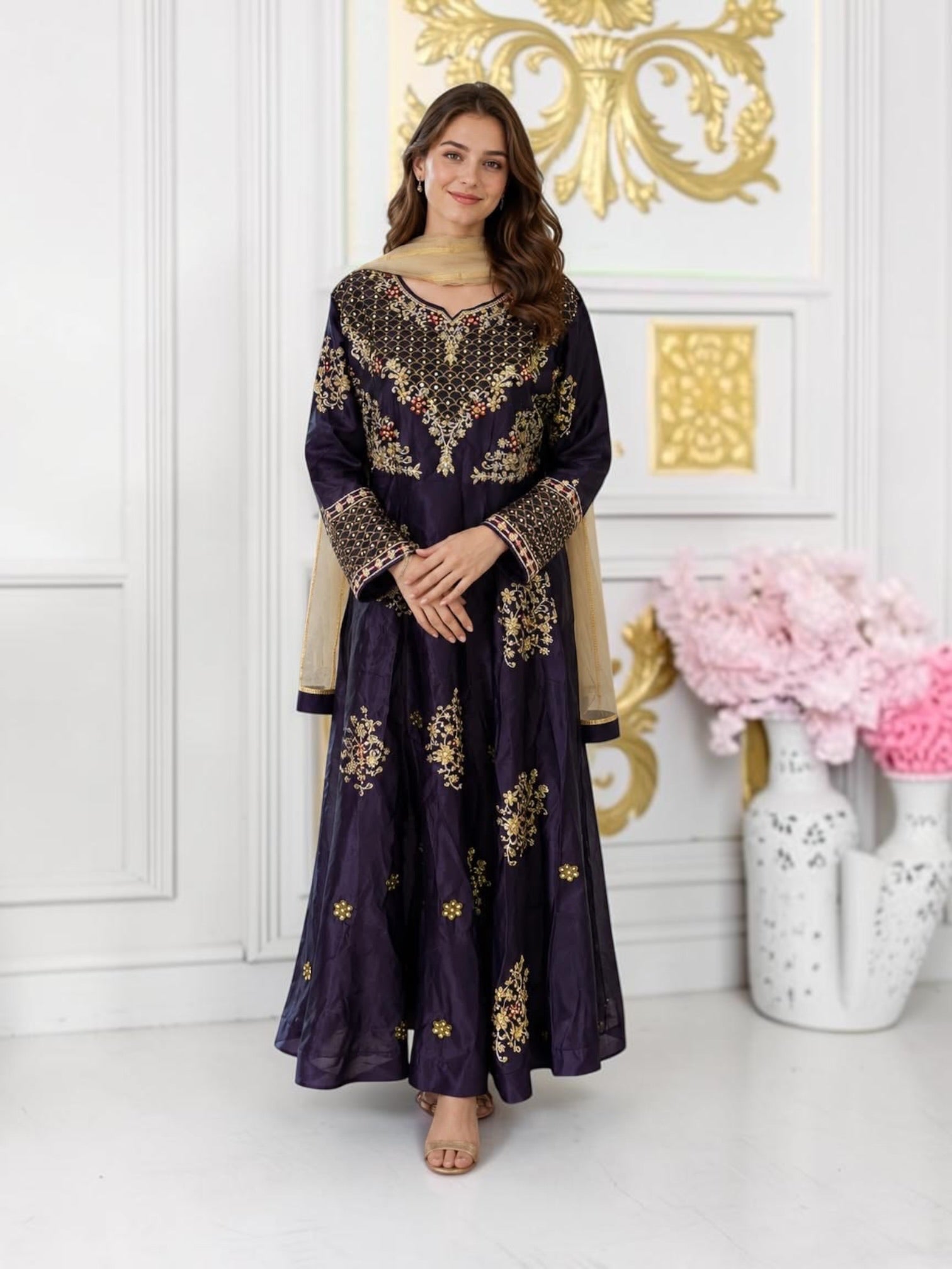 Traditional Saree Ghor Charlotte designer salwar kameez set with matching pant and dupatta for women, elegant cultural wear.