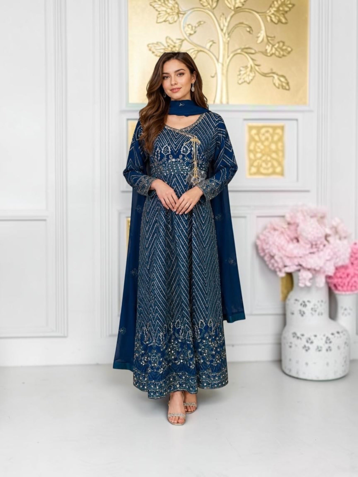 Traditional designer salwar kameez set with matching pant and dupatta, cultural wear for women by Saree Ghor Charlotte.