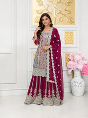 Traditional designer Sharara Garara Salwar Kameez suit by Saree Ghor Charlotte featuring intricate embroidery and vibrant cultural style.