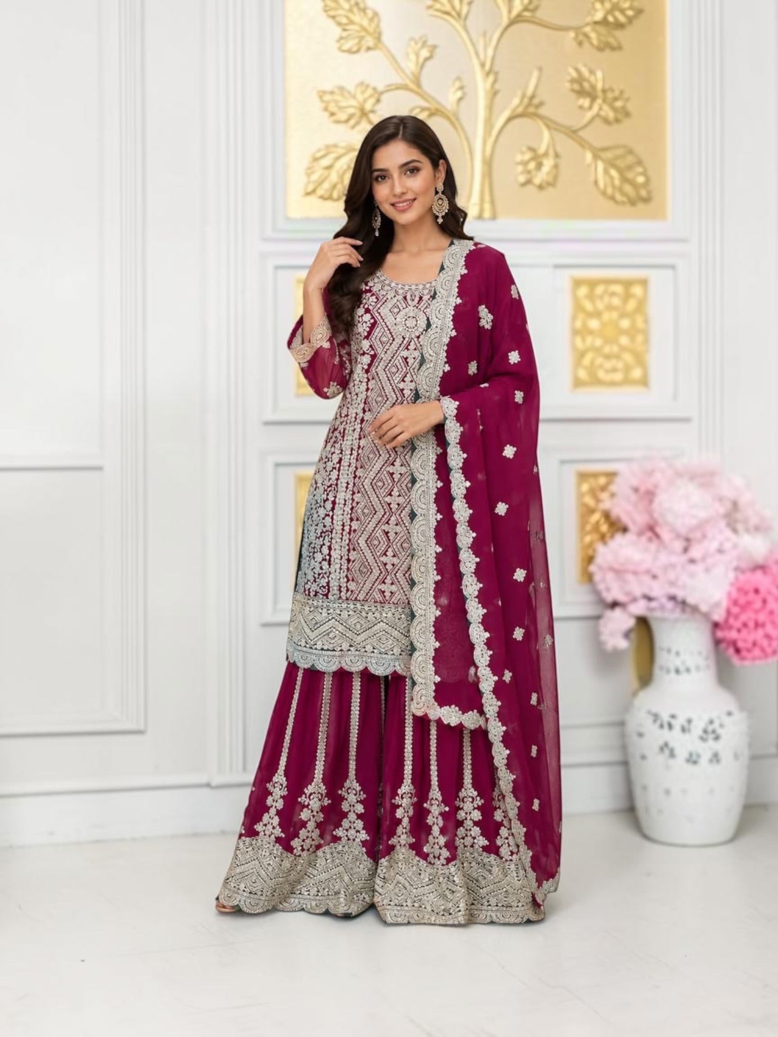 Traditional designer Sharara Garara Salwar Kameez suit by Saree Ghor Charlotte featuring intricate embroidery and vibrant cultural style.