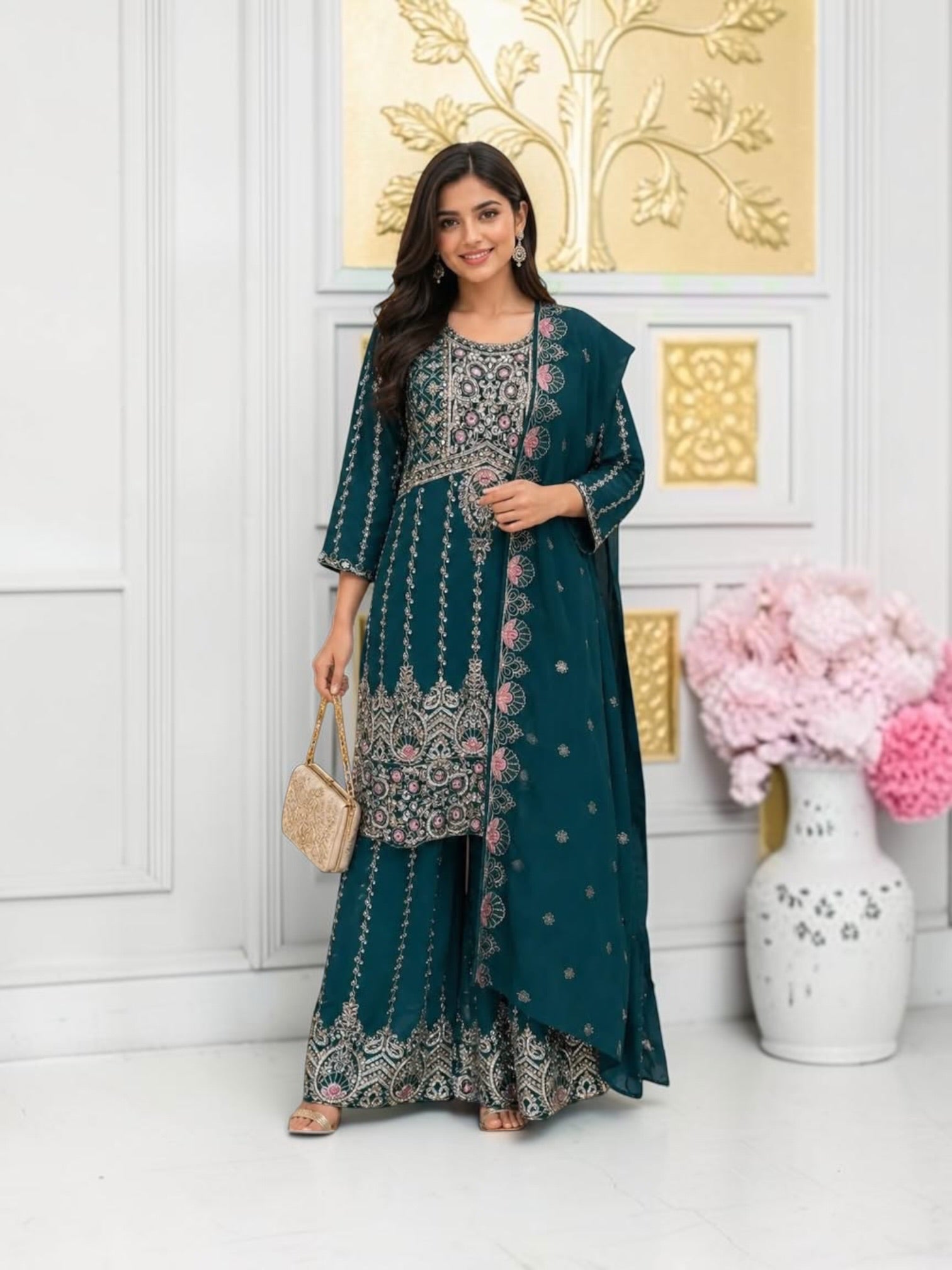 Traditional Saree Ghor Charlotte Sharara Salwar Kameez suit with intricate embroidery and vibrant colors, suitable for cultural occasions.