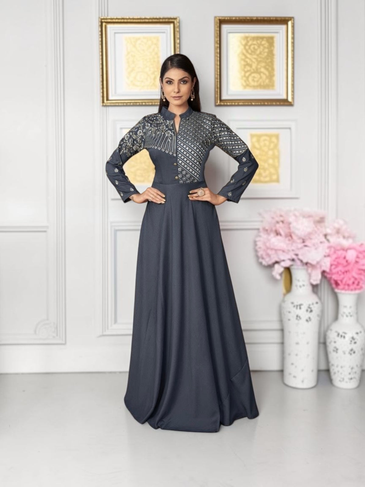 Gray Color Maslin Embroidery Traditional Designer Gown, Cultural Wear for Women, 313