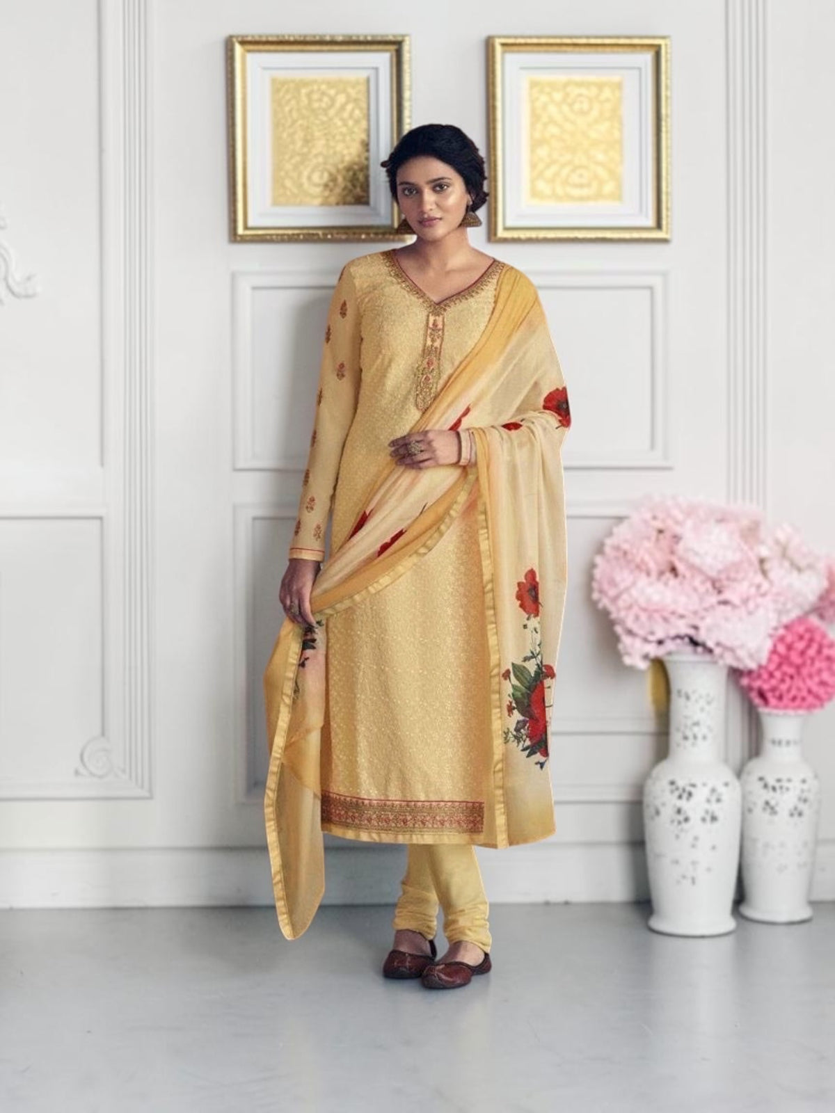 Cream Patola faux georgette embroidered salwar kameez with stone work, featuring intricate designs and elegant craftsmanship.