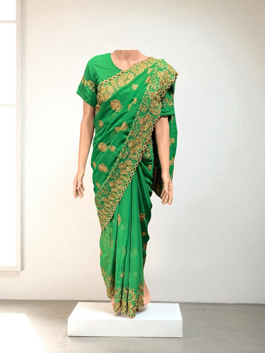Traditional Designer Green Saree with Ready Blouse – Elegant Indian Ethnic Wear - Saree Ghor Charlotte