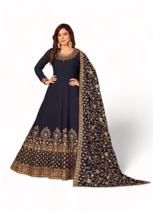 Glamorous Navy Blue Faux Georgette Gown with Heavy Work