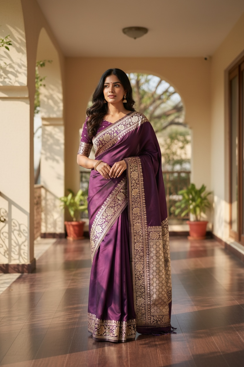 Banarasi Silk Saree with Unstitched Blouse, Cultural Wear for Women