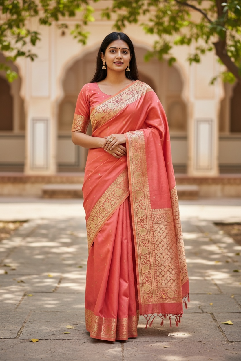 Banarasi Silk Saree with Unstitched Blouse, Cultural Wear for Women
