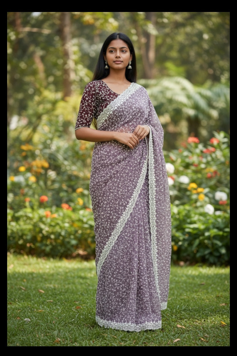 Lucknowi Work Traditional Saree with Ready Blouse, Cultural Wear for Women