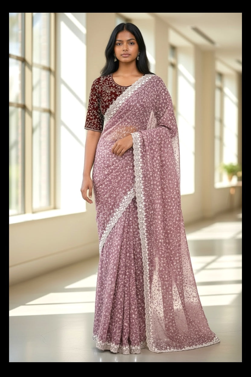 Lucknowi Work Traditional Saree with Ready Blouse, Cultural Wear for Women