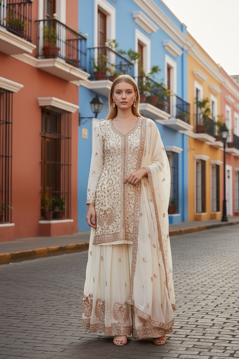 Heavy Work Russian Plazo Dress, Cultural Wear for Women