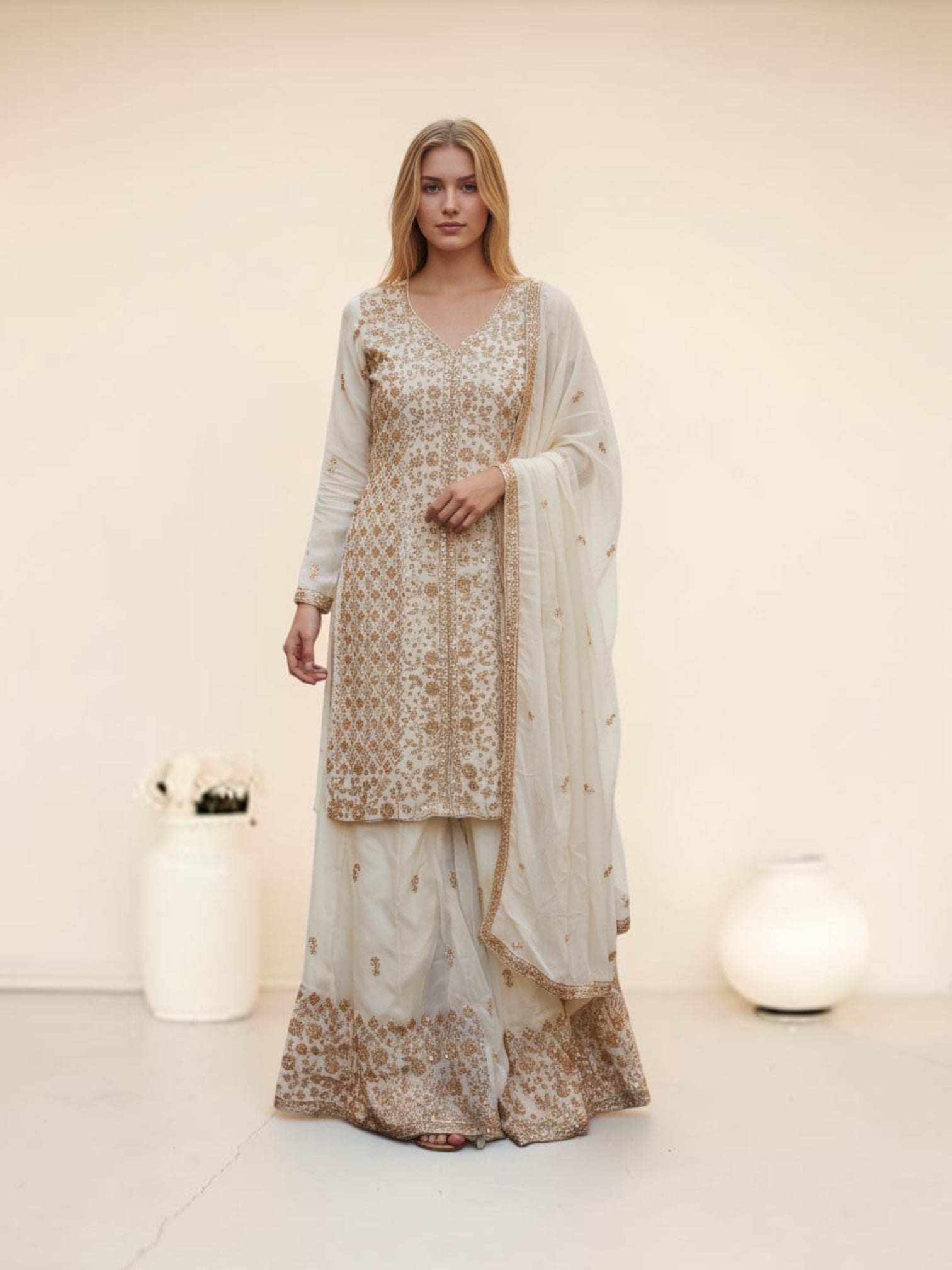 Heavy Work Russian Plazo Dress, Cultural Wear for Women