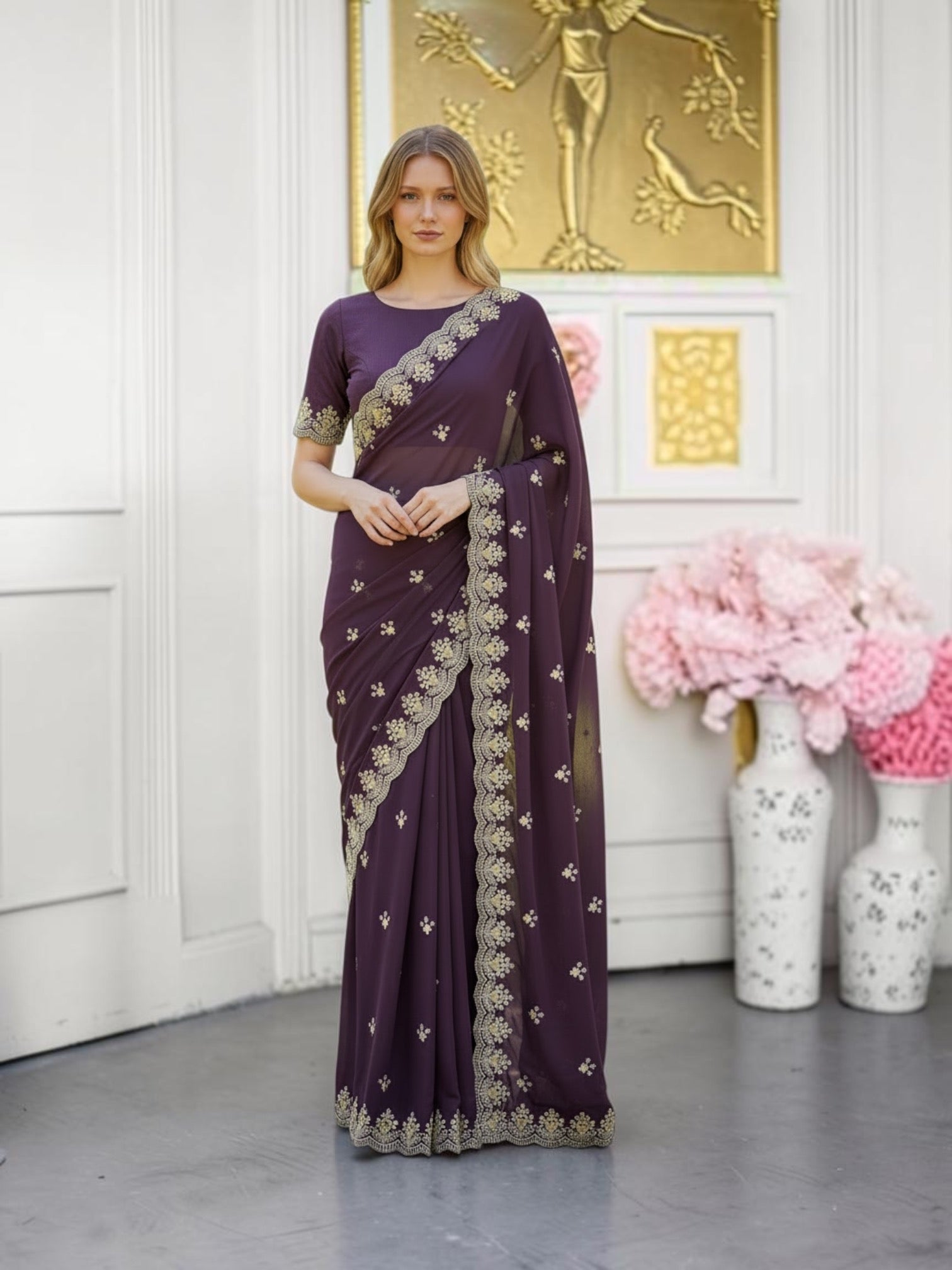 Faux Georgette Saree with unstitched Blouse, Cultural Wear for Women