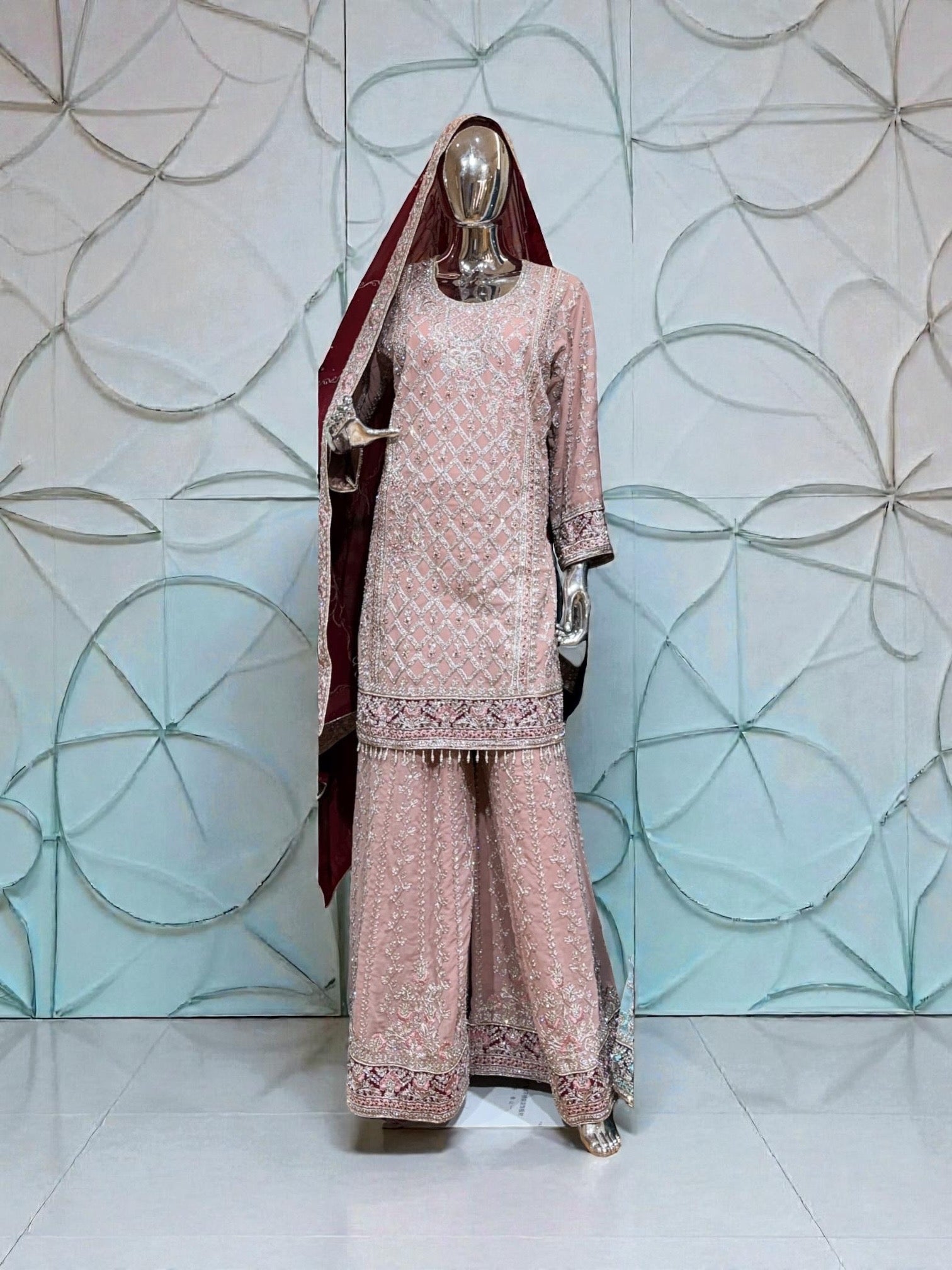 Georgette Russian Plazo Dress by Saree Ghor Charlotte, traditional women’s salwar kameez with intricate design and elegant fabric.