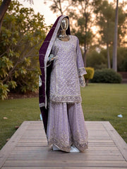 Elegant Georgette Russian Plazo Dress by Saree Ghor Charlotte, showcasing traditional cultural wear for women with intricate design details.