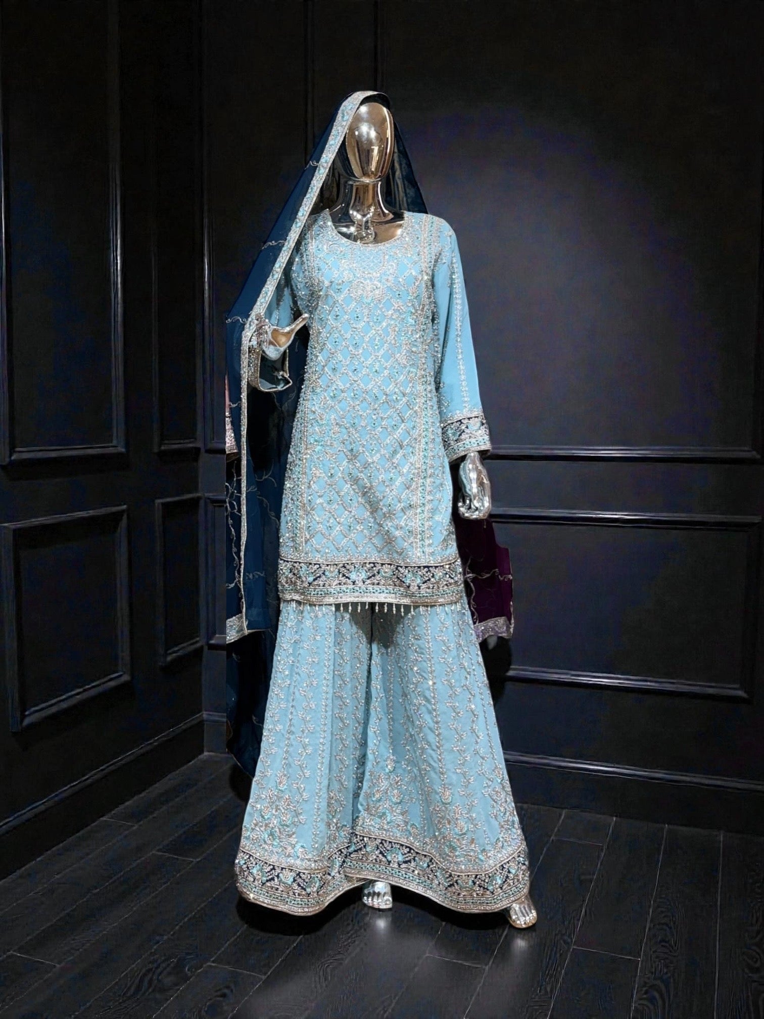 Elegant Georgette Russian Plazo Dress for women, traditional Salwar Kameez by Saree Ghor Charlotte, showcasing detailed cultural wear.