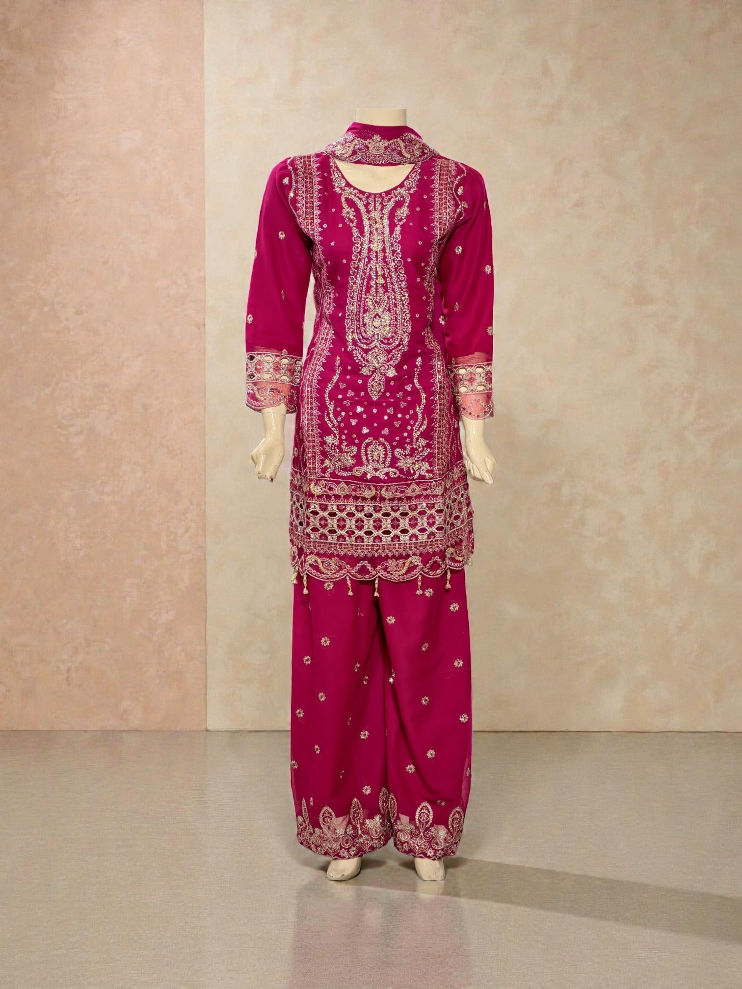 Traditional Salwar Kameez for women by Saree Ghor Charlotte, featuring vibrant fabric and intricate embroidery.
