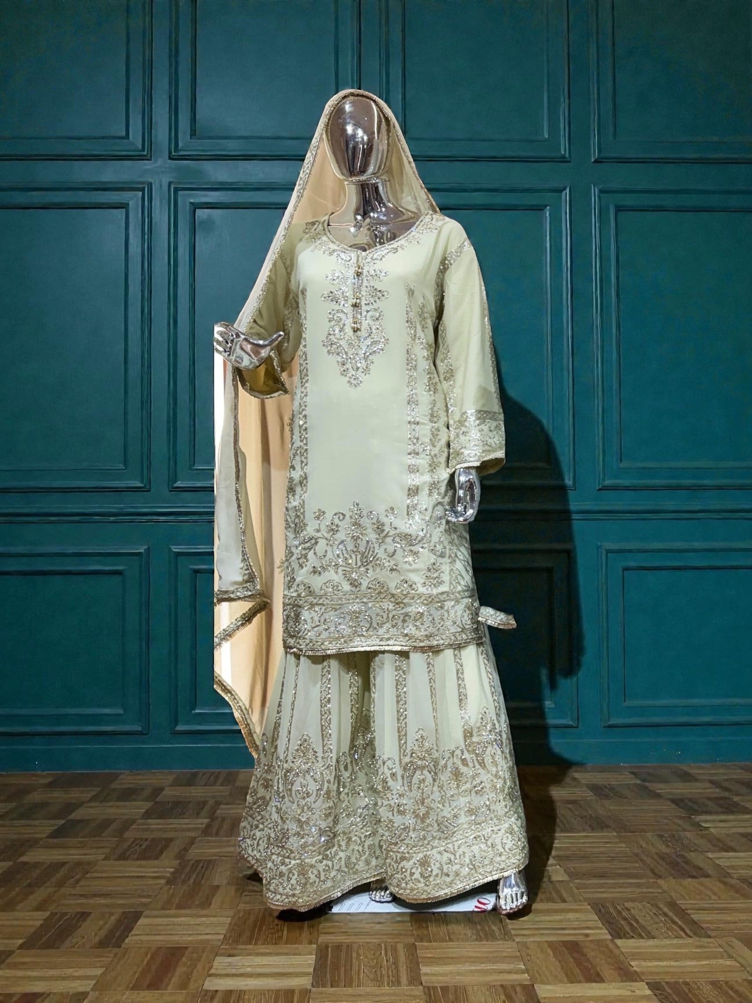 Elegant Georgette Russian Plazo dress by Saree Ghor Charlotte, featuring vibrant cultural wear for women with traditional design elements.