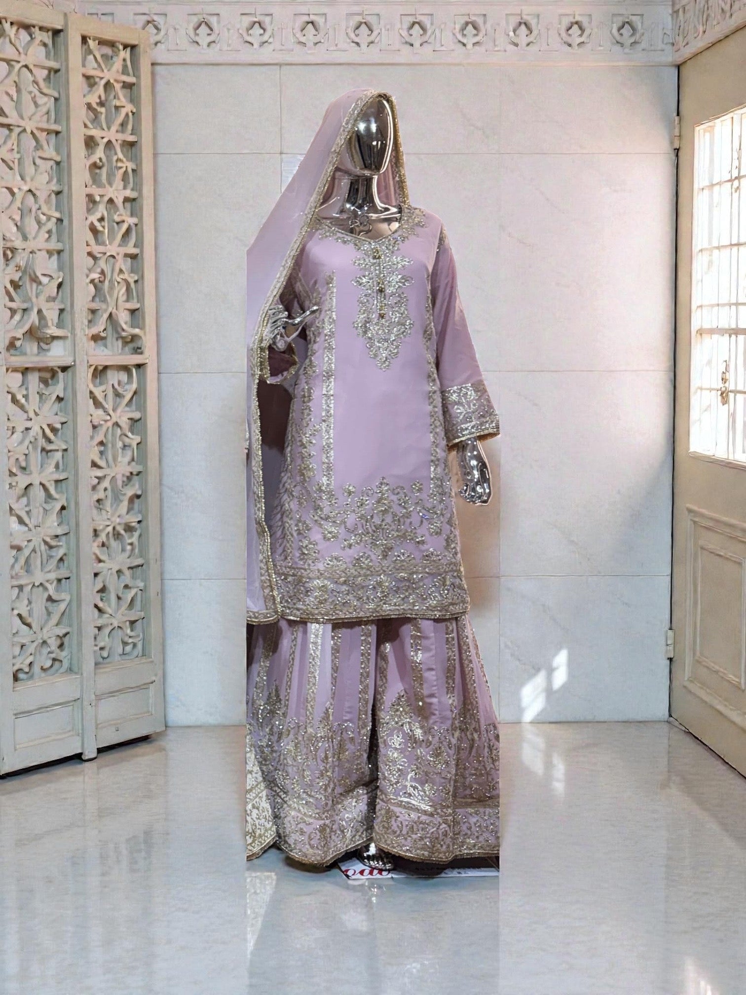 Georgette Russian Plazo Dress by Saree Ghor Charlotte, traditional cultural wear for women featuring elegant design and vibrant colors.