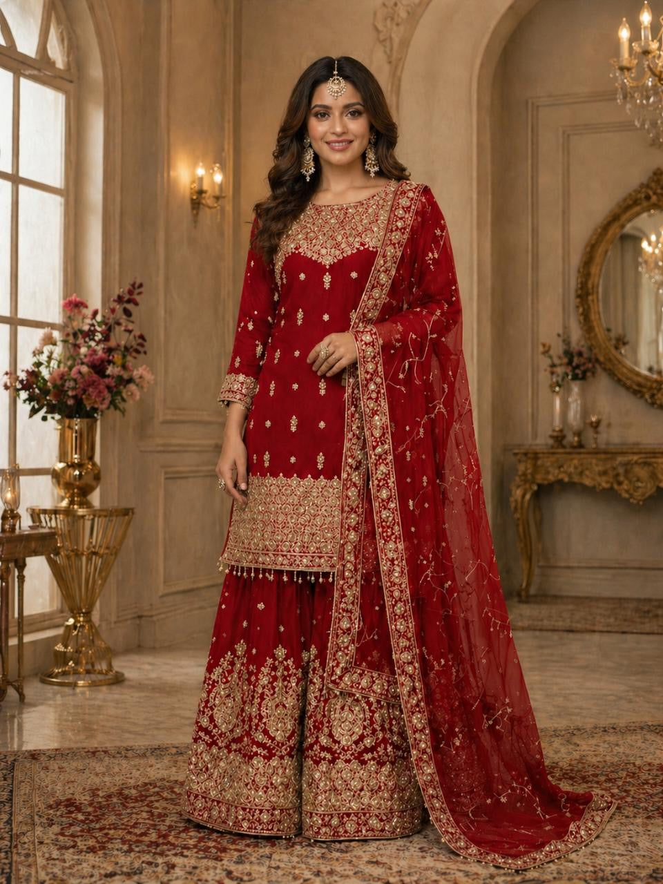 Red Blooming Georgette Russian Plazo Dress with Zari Work, Cultural Wear for Women