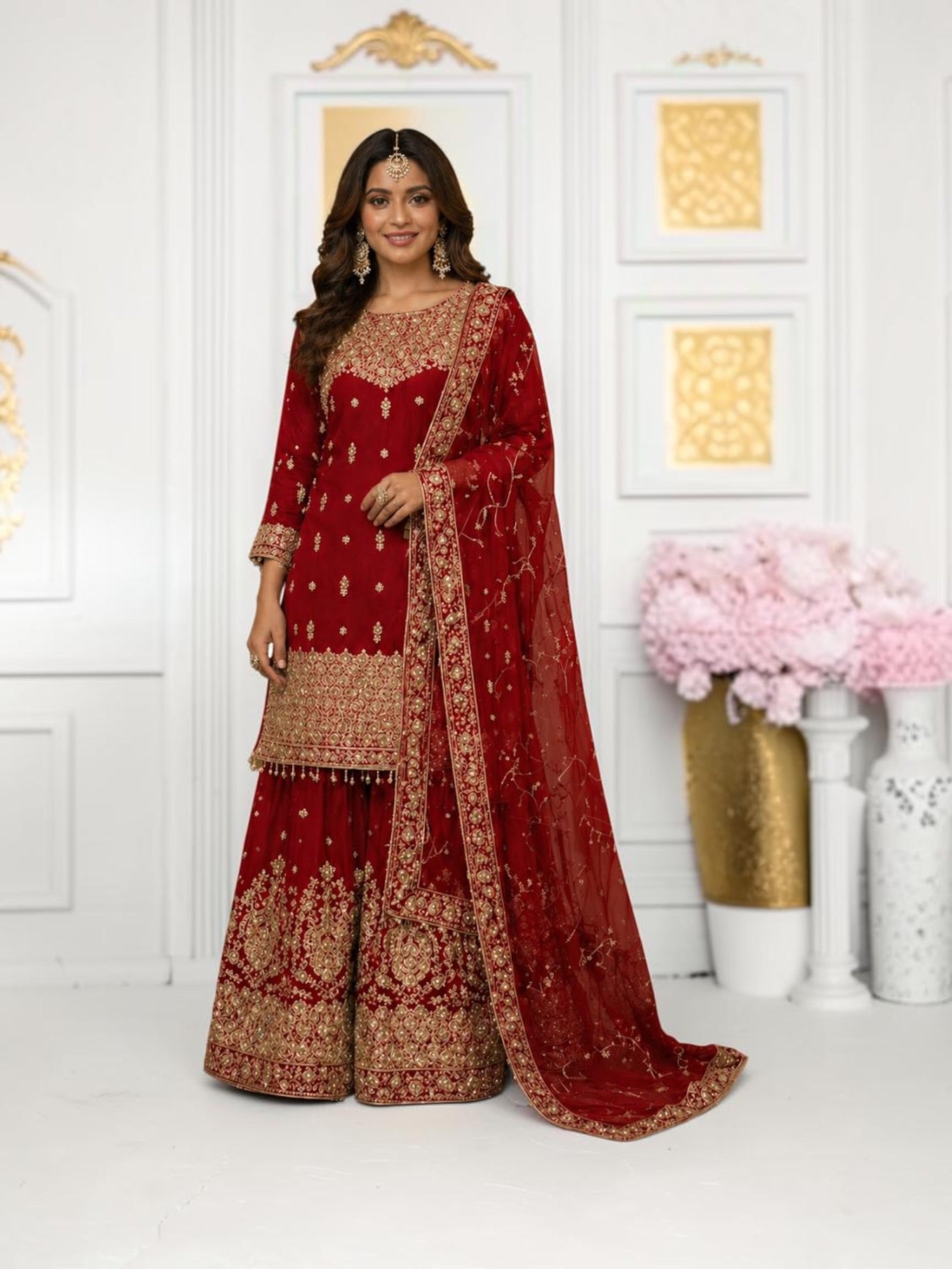 Red Blooming Georgette Russian Plazo Dress with Zari Work, Cultural Wear for Women