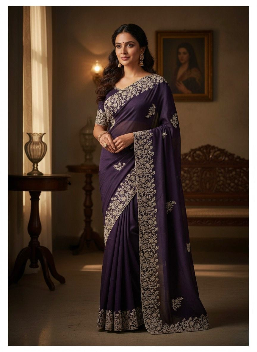 Elegant star-patterned Georgette saree by Saree Ghor Charlotte, traditional cultural wear for women with intricate detailing.