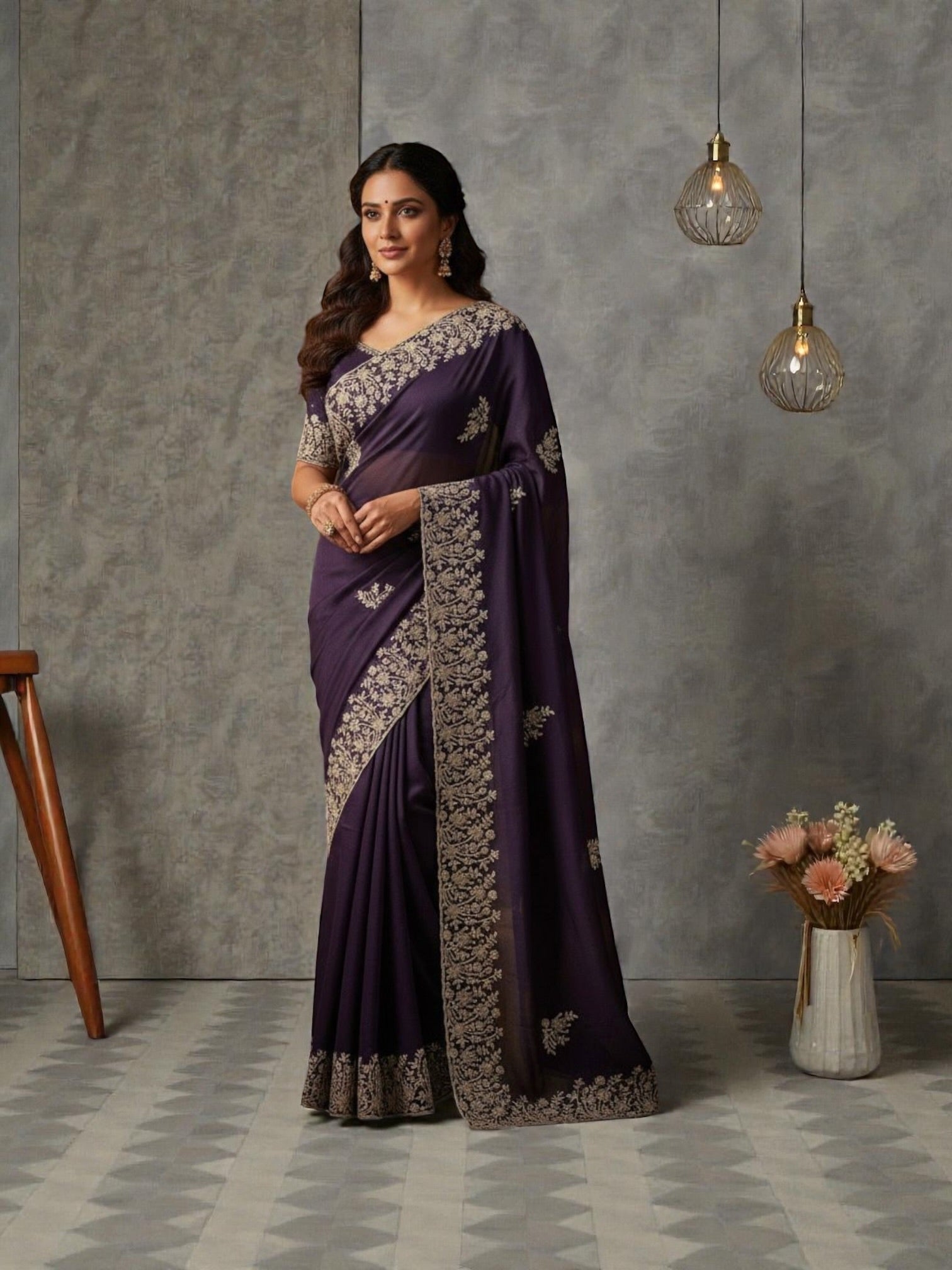 Elegant star-patterned Georgette saree from Saree Ghor Charlotte, traditional cultural wear for women showcasing intricate design.