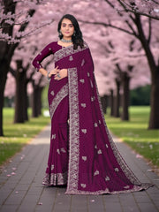 Vichitra Silk traditional saree for women featuring intricate designs, cultural wear from Saree Ghor Charlotte displayed on a hanger.