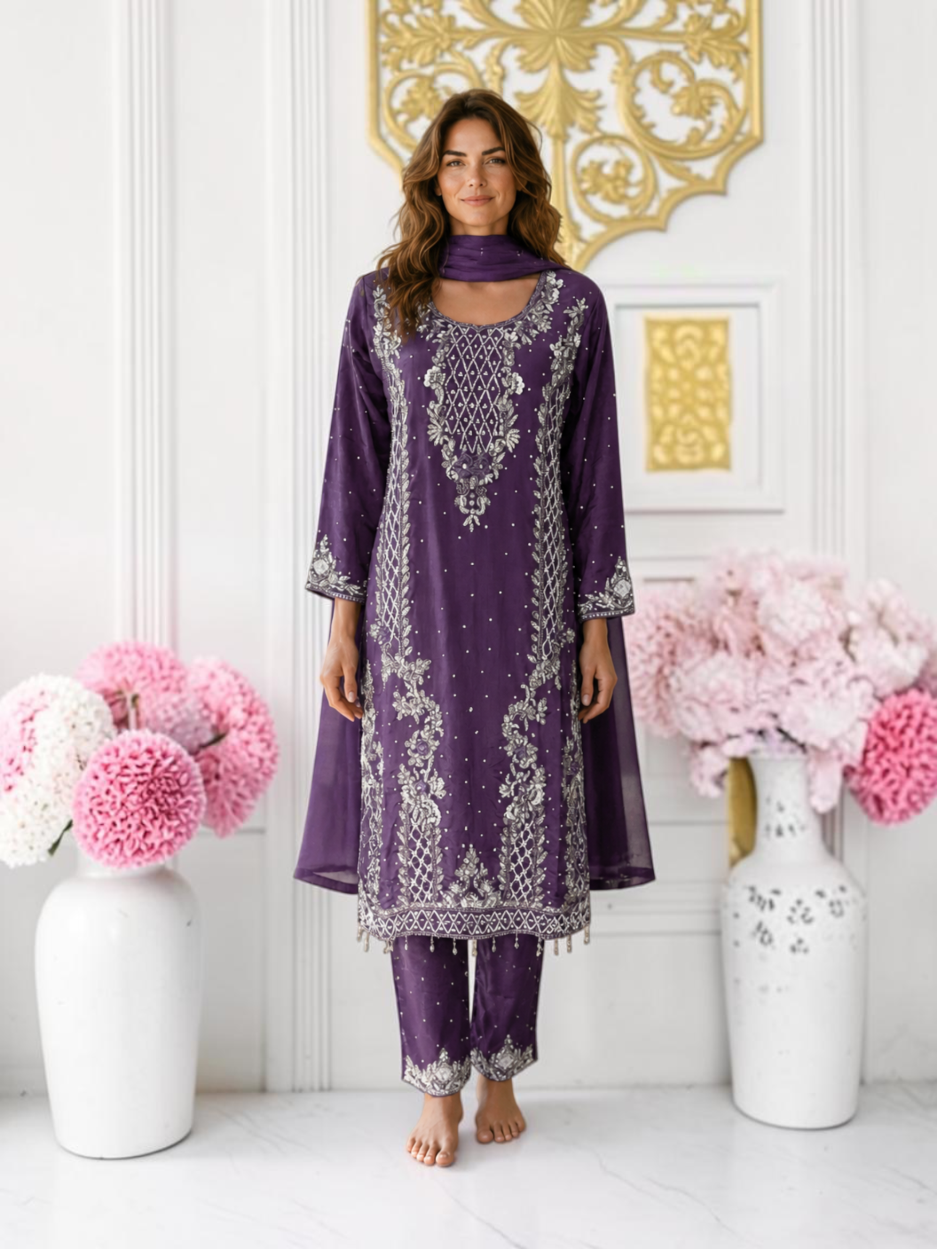 Heavy Work Salwar Kameez for women by Saree Ghor Charlotte, showcasing intricate embroidery and traditional cultural wear style.
