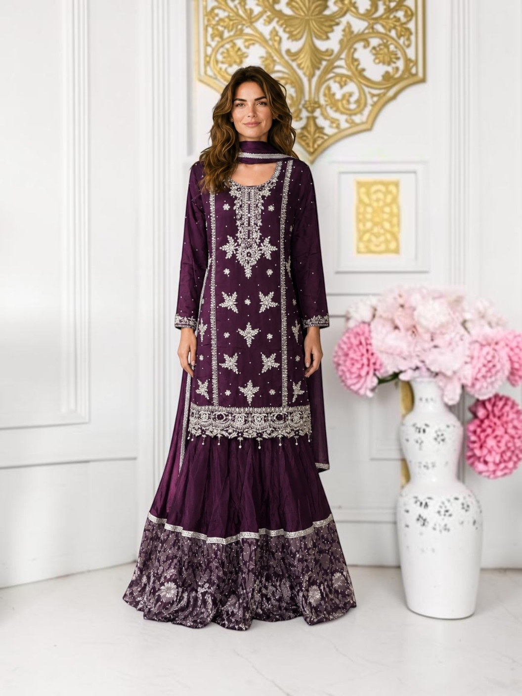 Elegant Heavy Work Salwar Kameez for women by Saree Ghor Charlotte, featuring intricate embroidery and traditional cultural design.