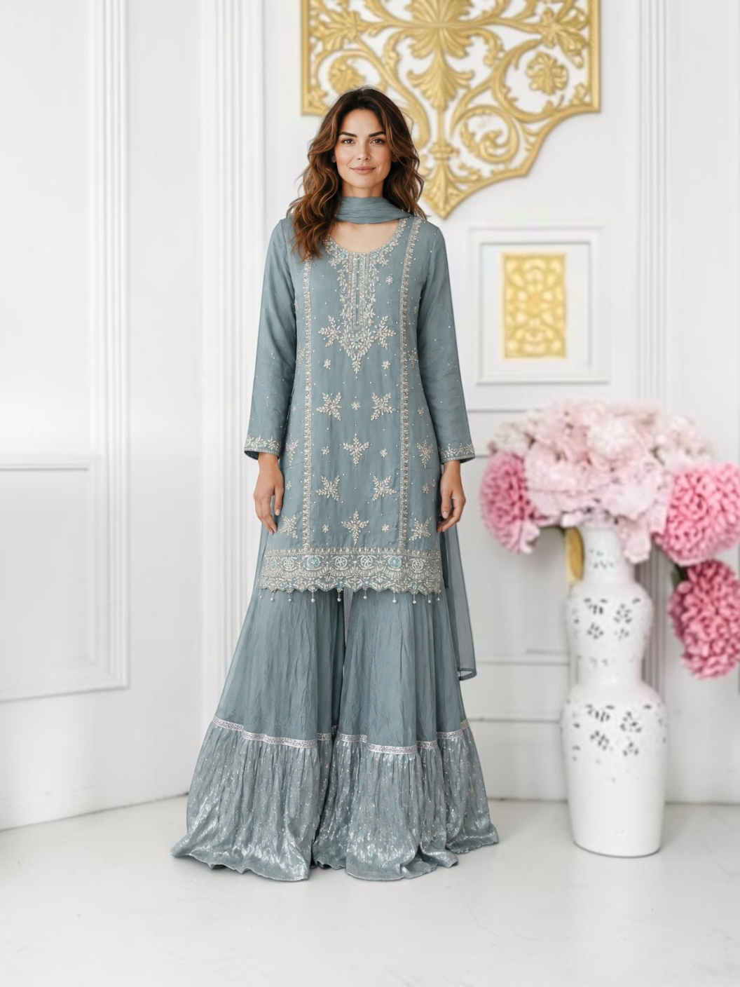 Heavy Work Salwar Kameez for women by Saree Ghor Charlotte, featuring intricate embroidery and traditional cultural design.