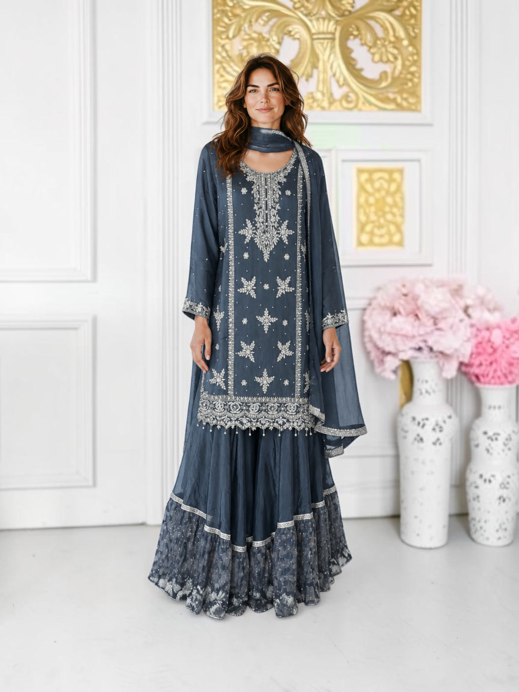 Elegant Heavy Work Salwar Kameez by Saree Ghor Charlotte featuring intricate embroidery and traditional cultural design for women.