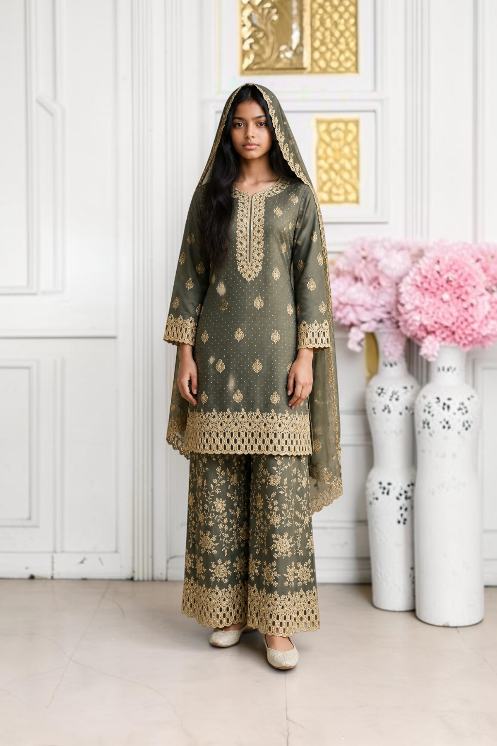 Elegant Georgette Russian Plazo Set for women featuring a traditional salwar kameez from Saree Ghor Charlotte, showcasing vibrant cultural wear.