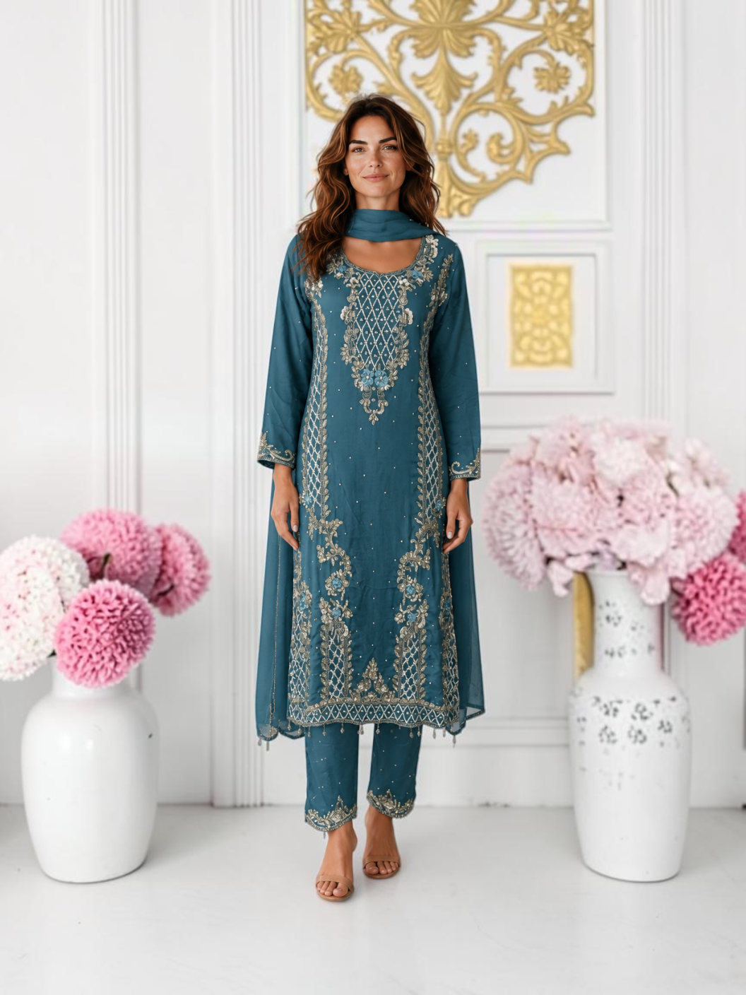 Heavy Work Salwar Kameez by Saree Ghor Charlotte featuring intricate embroidery and traditional cultural design for women.