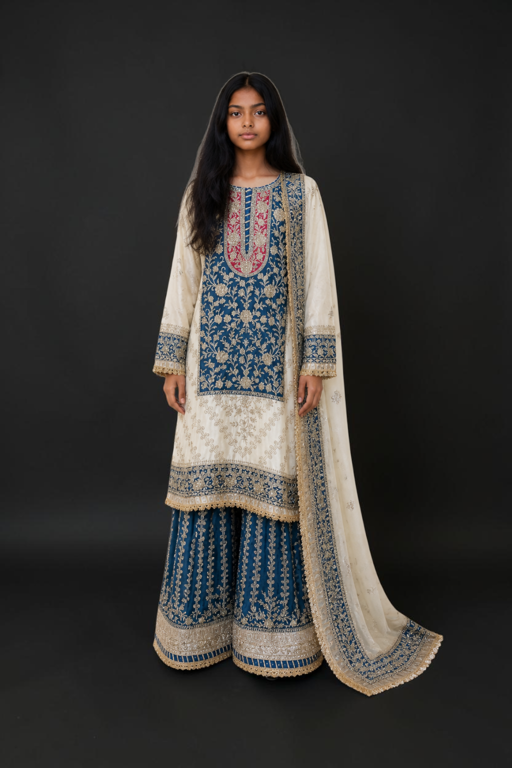 Rangoli Russian Plazo dress by Saree Ghor Charlotte, women's cultural salwar kameez with traditional design and vibrant colors.