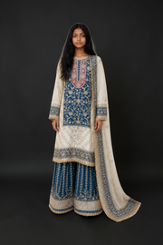 Rangoli Russian Plazo dress by Saree Ghor Charlotte, women's cultural salwar kameez with traditional design and vibrant colors.