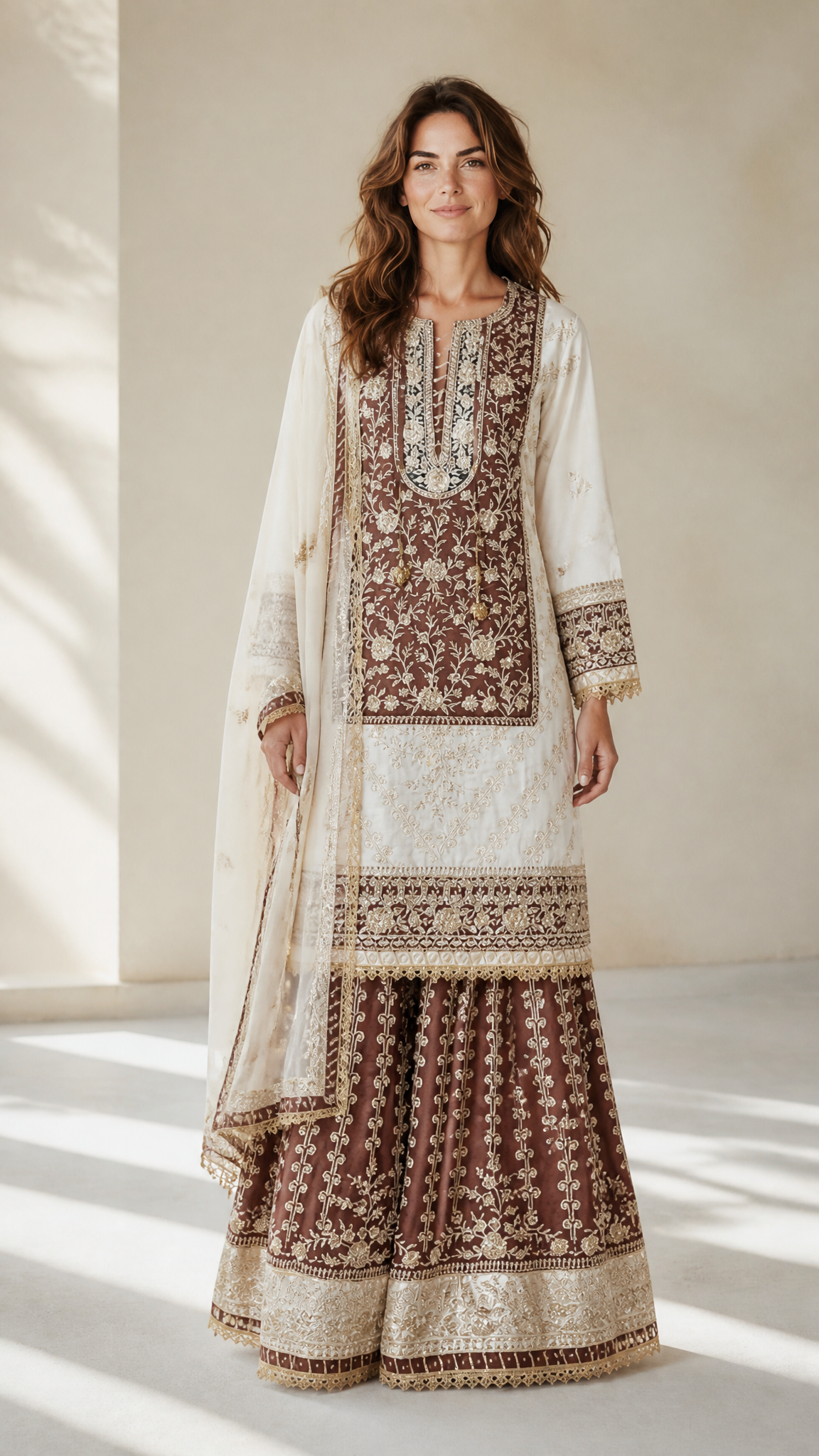 Rangoli Russian Plazo dress by Saree Ghor Charlotte, cultural women's salwar kameez with vibrant patterns and traditional style.