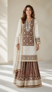 Rangoli Russian Plazo dress by Saree Ghor Charlotte, cultural women's salwar kameez with vibrant patterns and traditional style.