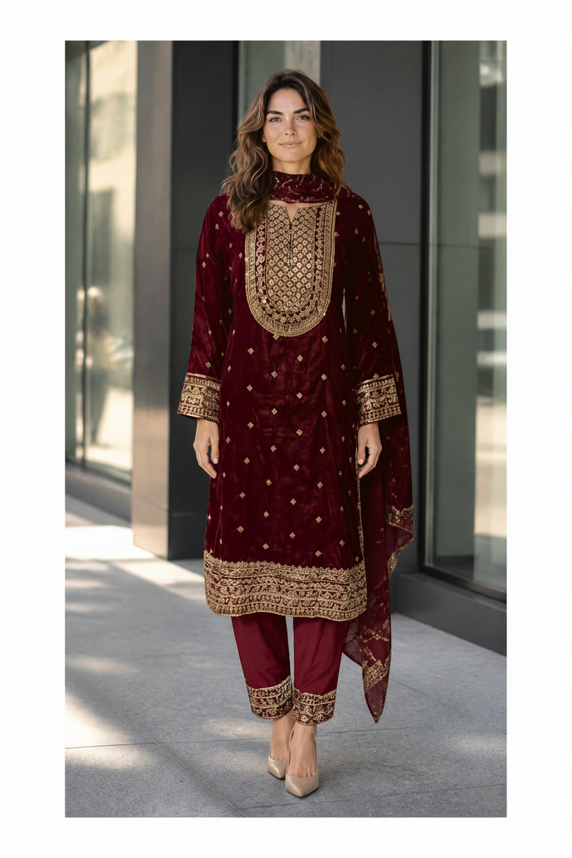 Traditional Salwar Kameez for women by Saree Ghor Charlotte, showcasing vibrant fabric and intricate embroidery.