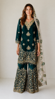 Russian Plazo Dress by Saree Ghor Charlotte, stylish women's cultural salwar kameez with intricate patterns and vibrant colors.